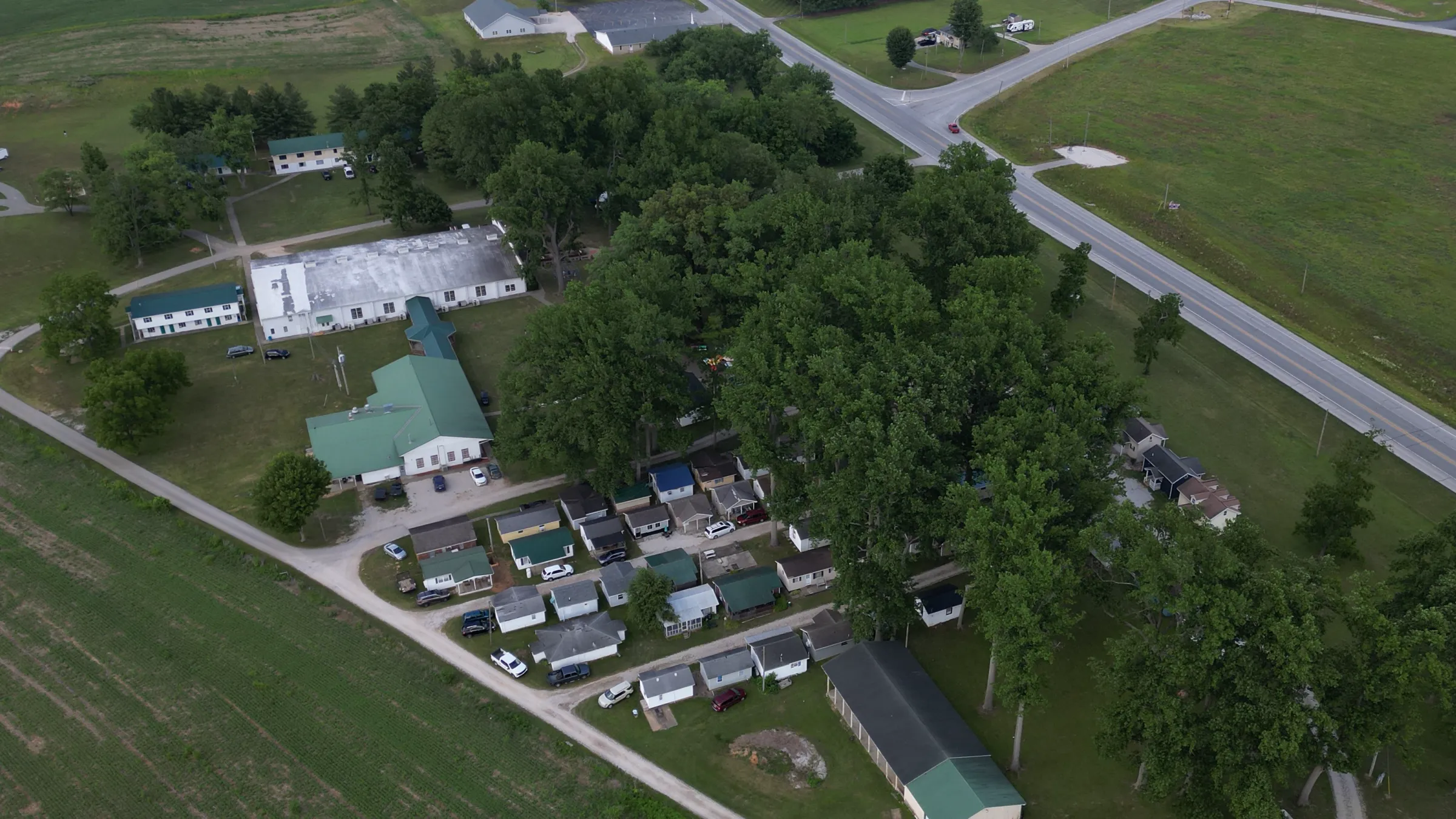 Aerial view of the camp grounds, chapel, and dorm building