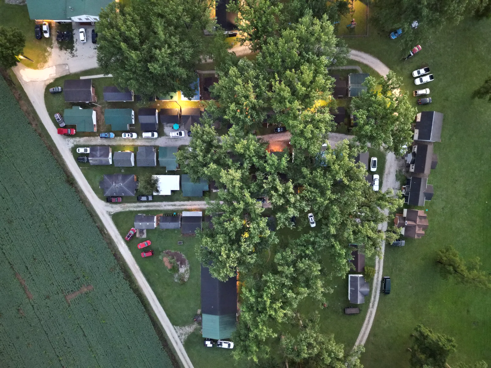 Aerial view of the cabin sites among the trees